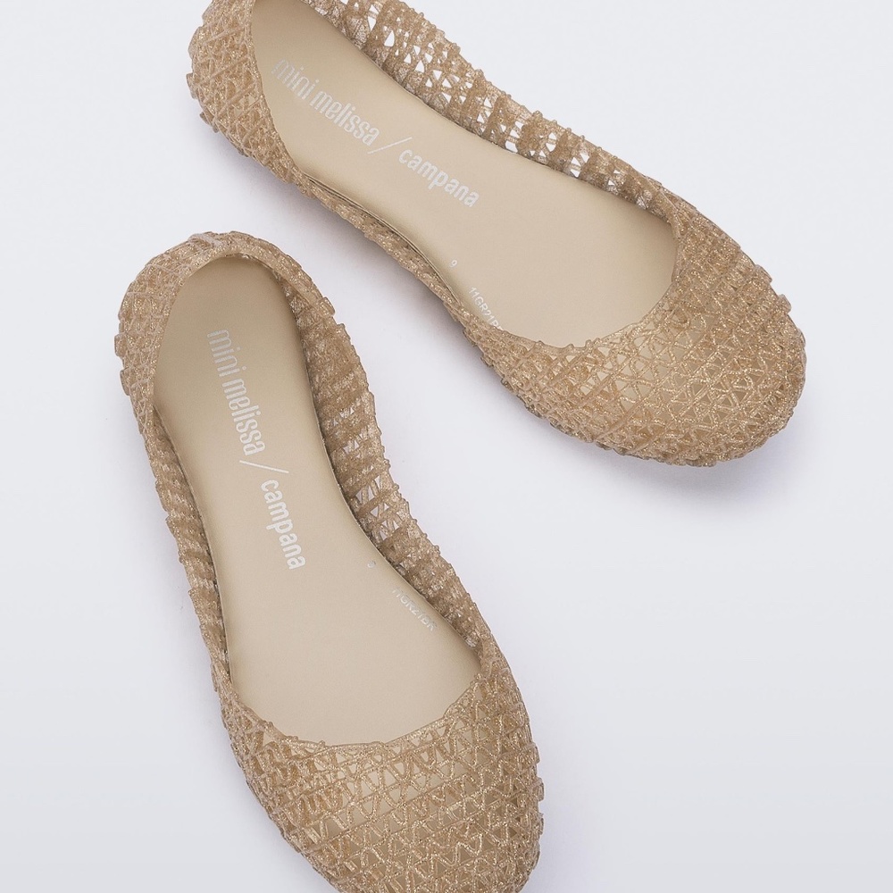 NIB Mini Melissa Girl's Jelly Flats Campana in Beige/Glitter Sz. 1